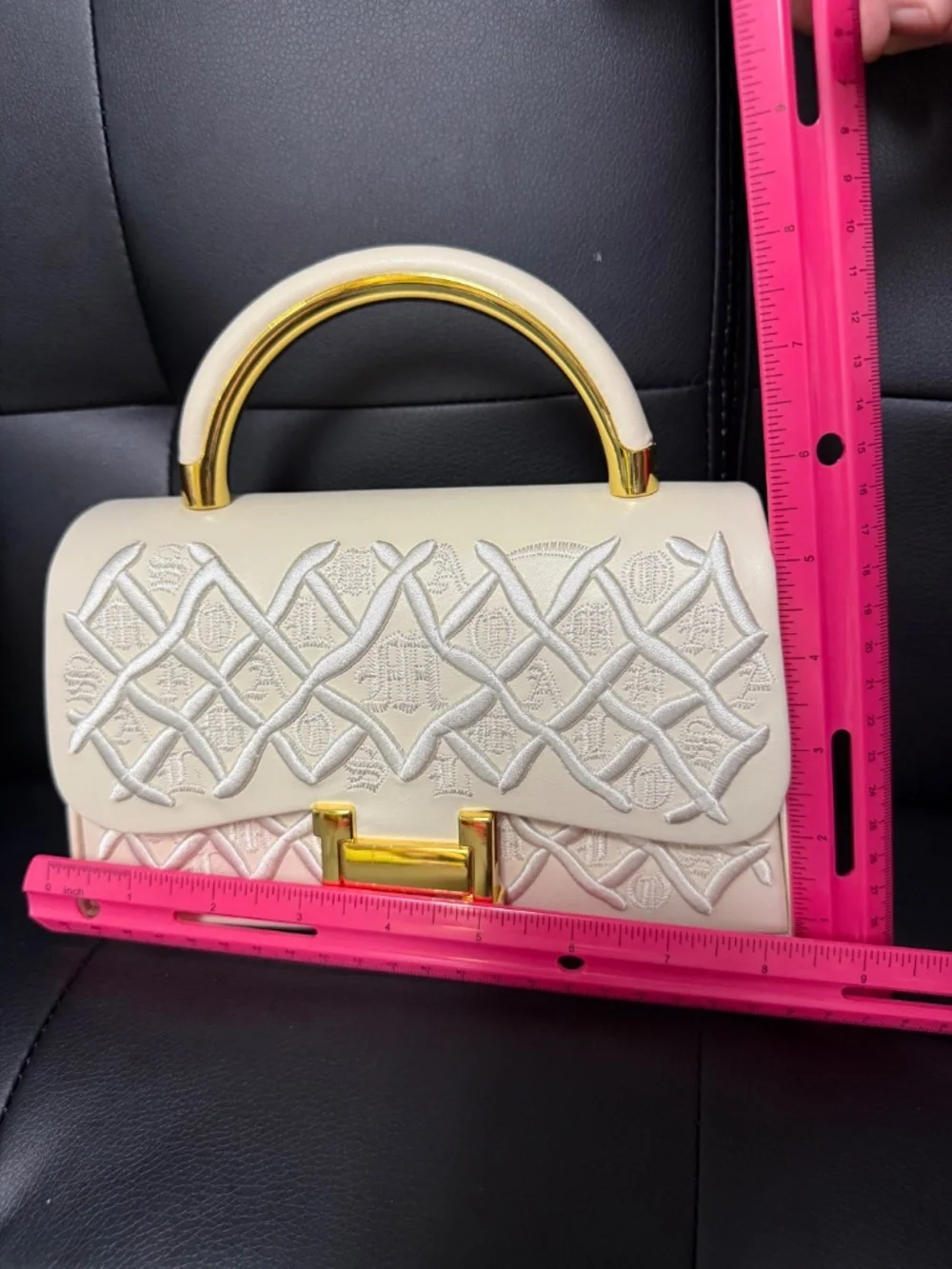 Ivory Embroidered Top Handle Handbag Gold Hardware Crossbody Purse
